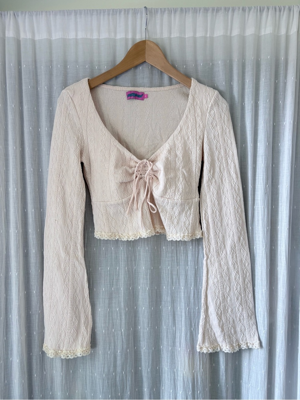 Edikted Blush Lace-Up Cropped Long-Sleeve Bell Top